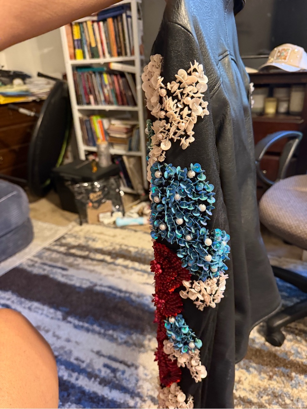 Embroidered Black Leather Jacket with Floral Accents - Picture 10 of 11